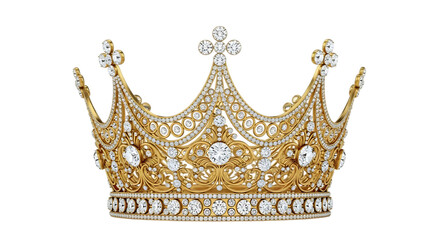 3d illustration of a luxurious golden crown adorned with numerous diamonds, isolated on a transparent background