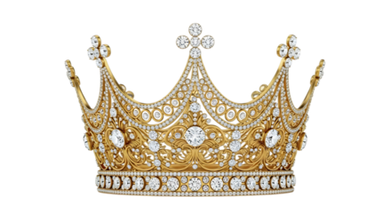 3d illustration of a luxurious golden crown adorned with numerous diamonds, isolated on a transparent background