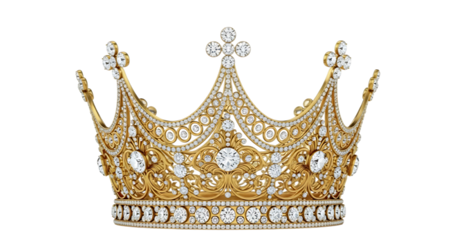 3d illustration of a luxurious golden crown adorned with numerous diamonds, isolated on a transparent background - Powered by Adobe