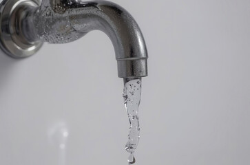 Close Up of Water Faucet with Droplet on Minimalist Wall Background Water Conservation Concept
