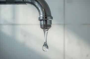 Close Up of Water Faucet with Droplet on Minimalist Wall Background Water Conservation Concept
