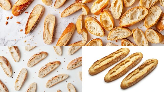 Baguette slices on white backgrounds, some are plain, some are marble, with shadows