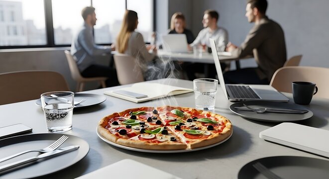 Pizza break during a business meeting, symbolizing teamwork, collaboration and shared moments in a - Powered by Adobe