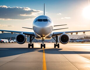Airplane taxiing on runway at sunset (2)