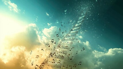 Music notes forming a stairway to the sky, against a vibrant sunset and clouds.