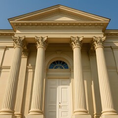 Fototapeta premium Neoclassical building facade featuring grand columns and symmetrical architecture, likely representing a courthouse, government building, or museum, under a clear blue sky.
