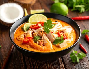 Bowl of rich, spicy coconut soup with shrimp, chicken, and noodles