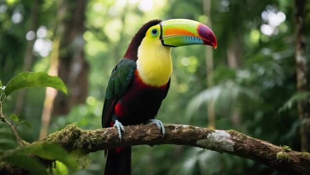 A wild and colorful toucan perches on a rainforest branch, showcasing its beautiful beak
