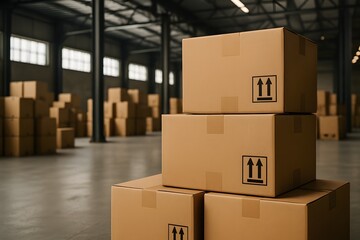 Warehouse scene with stacked cardboard boxes in a spacious industrial interior, lit by natural daylight from tall windows, illustrating logistics, shipping, or storage themes.

