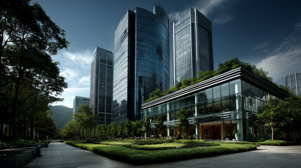 Obraz premium Contemporary City Business District with Lush Greenery and Modern Buildings