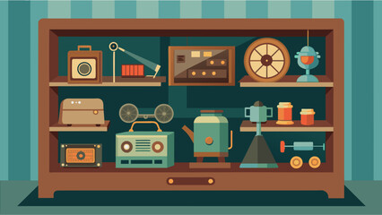 A display case featured rare and valuable vintage equipment showcasing the shops expertise in restoring and preserving these treasures. Vector illustration