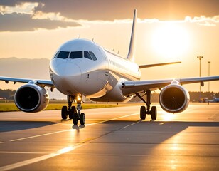 Airplane taxiing on runway at sunset, gleaming white fuselage