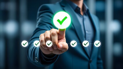 Quality management with Quality Assurance or QA and Quality Control or QC and improvement. Standardization and certification concept. Compliance to regulations and standards. Concept with manager.