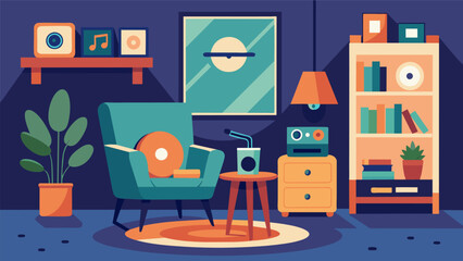 Fototapeta premium A cozy corner of the house transformed into a music lovers paradise complete with a cozy armchair and a record player perched on a vintage side table. Vector illustration