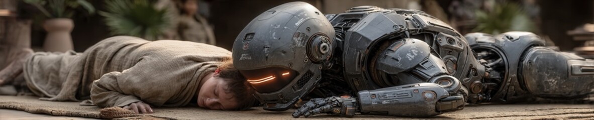 Humanoid female AI robot massage therapist gently treats a human client in a tranquil spa setting with warm light and natural textures, ultra realistic style.