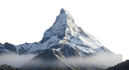 3d illustration of the majestic matterhorn mountain peak in the swiss alps, covered in snow and surrounded by mist, a famous landmark for adventure and tourism isolated on transparent background