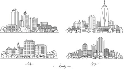 Fototapeta premium City skyline line drawing, urban buildings sketch, architectural cityscape illustration, modern downtown art, black and white city.eps