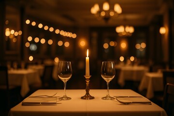 Elegant candlelit table set for two in a romantic fine dining restaurant with soft ambient lighting, sparkling chandeliers, and warm atmosphere, perfect for special evenings.

