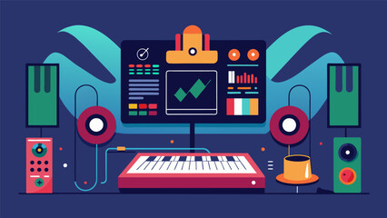 A live sound production exhibit where visitors can witness the process of recording mixing and mastering a song in real time. Vector illustration