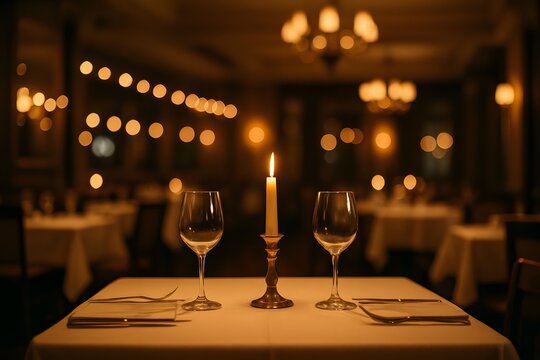 Elegant candlelit table set for two in a romantic fine dining restaurant with soft ambient lighting, sparkling chandeliers, and warm atmosphere, perfect for special evenings.

