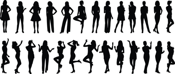 Silhouette collection of fashionable women standing, walking, posing, dancing, confident modern female figures, flat vector.eps