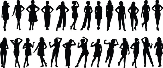 Silhouette of confident women standing, posing, various outfits, different hairstyles, body language, modern fashion, flat vector.eps
