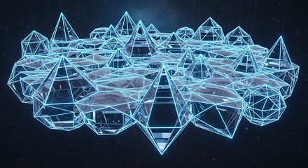 Abstract geometric composition featuring interconnected pyramids and crystalline structures with glowing blue wireframe outlines against a dark background.