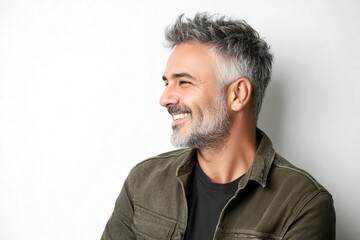 Fototapeta premium A midlife man with charm and elegance. Pure white solid background. Concept layout of style for aging men. Fashionable men's textured crop haircut - midlife middle eastern man with short ha.