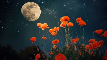 Orange and red poppies blooming under the glow of a full moon at night, their vibrant petals catching the silvery moonlight, set against a dark, starry sky, creating a striking and serene nocturnal 