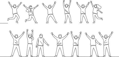 Group of Happy People Celebrating Together with Hands Raised, Jumping in Joy, Team Success, Lifestyle Unity