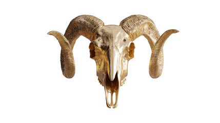 golden realistic ram skull on white background.