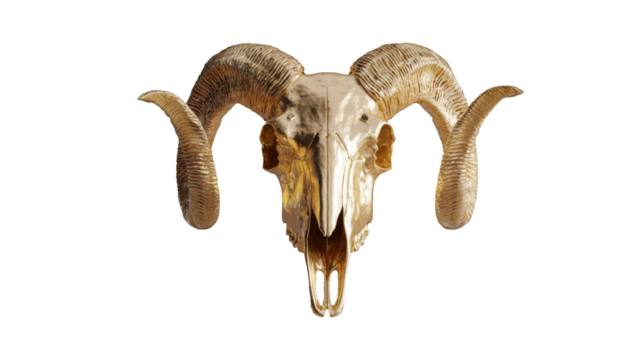 golden realistic ram skull on white background.