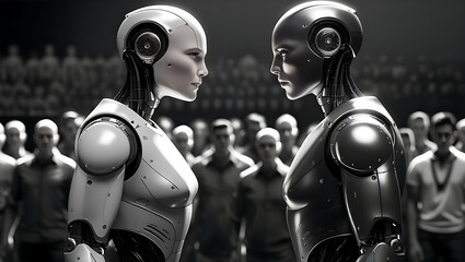 Futuristic Robots Facing Each Other Amidst a Crowd in a Conceptual Scene