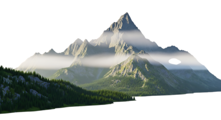 3d illustration of majestic mountain range with misty peaks and green forest isolated on transparent background