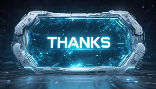 Futuristic display screen, showing 'THANKS'