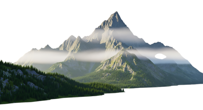 3d illustration of majestic mountain range with misty peaks and green forest isolated on transparent background - Powered by Adobe