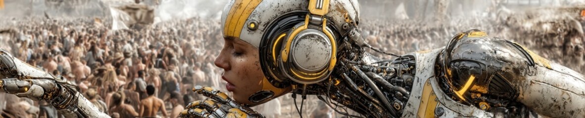 Humanoid robot woman DJ performs in neon-lit nightclub booth as crowd dances in background, vibrant lights and cyber atmosphere, ultra high resolution photo.