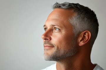 Fototapeta premium Chic men's undercut haircut - midlife white man with hair. Pure white solid background. Concept art of style for aging men. A radiant and poised man in a professional portrait.