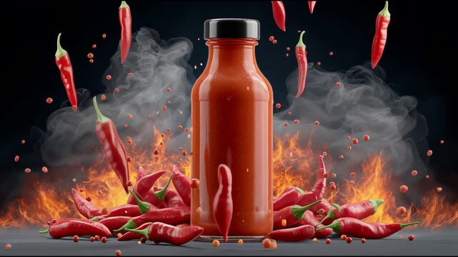 Fiery Hot Sauce Bottle with Exploding Chili Peppers and Flames