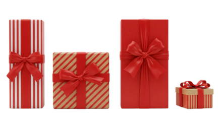 Various red and striped gift boxes with ribbon bows isolated on transparent background