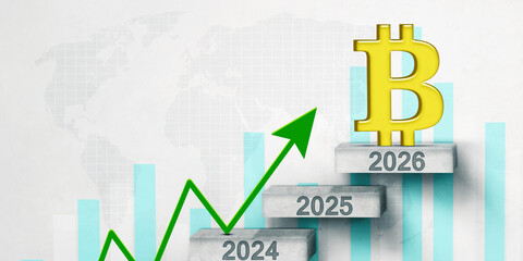 Bitcoin symbol on a podium with an upward-pointing arrow on a growth chart toward 2026.