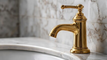 Luxury marble bathroom with gold faucet, highlighting a clean white counter with ample space for adding custom design elements or copy for personalized decor.