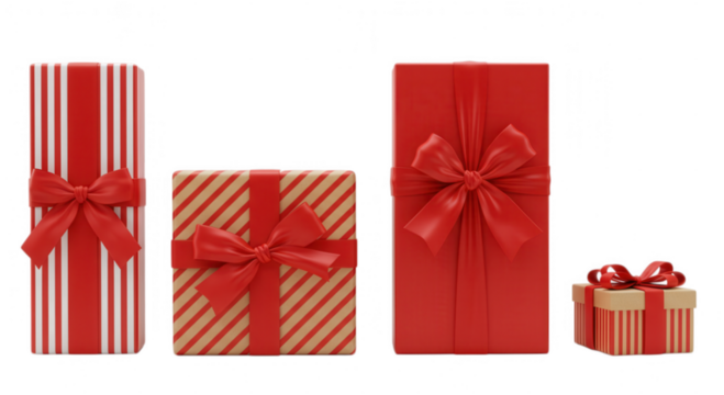 Various red and striped gift boxes with ribbon bows isolated on transparent background
