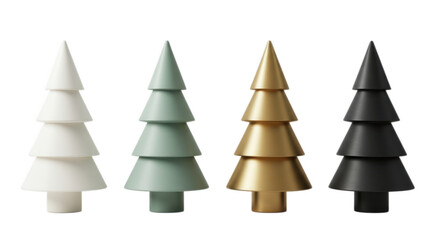 Four modern minimalist christmas trees isolated on transparent background
