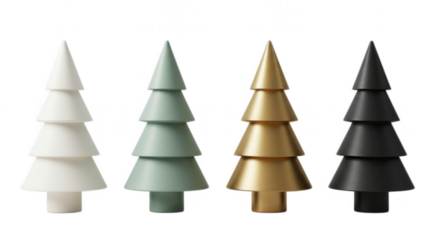 Four modern minimalist christmas trees isolated on transparent background