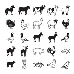 Fototapeta premium Collection of Farm and Wild Animals Silhouettes Black and White Illustration Depicting Various Species for Educational and Design Purposes