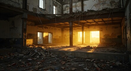 A ruined building reveals a pristine, glowing foundation, a powerful metaphor for foundational strength, core values, and resilience in crisis