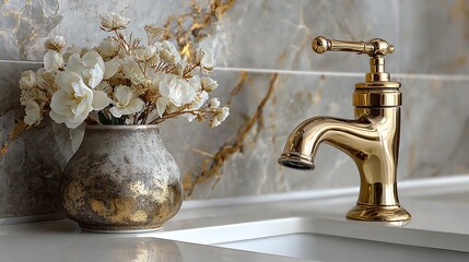 Elegant marble bathroom with gold faucet, featuring a clean white counter and plenty of empty space for customization, perfect for creating personalized home decor.