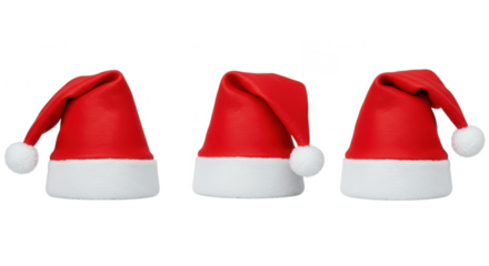 Three small Santa hats isolated on transparent background