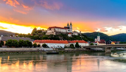 Obraz premium Sunset Glow Over Fortress and River, Capturing Scenic Beauty and Tranquility